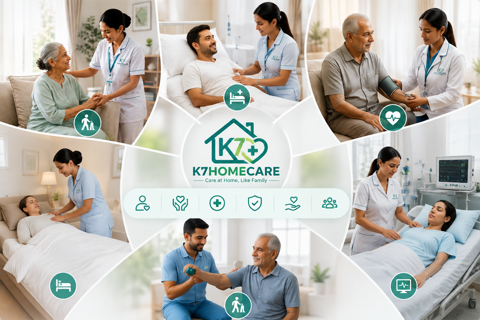 A K7 Homecare physiotherapist guiding a patient through a mobility exercise during a home visit in Gurugram