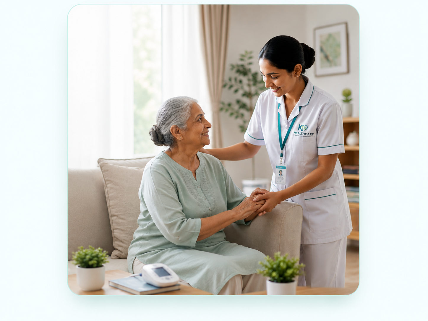 A caregiver from K7 Homecare providing professional home nursing care to an elderly patient in Gurugram