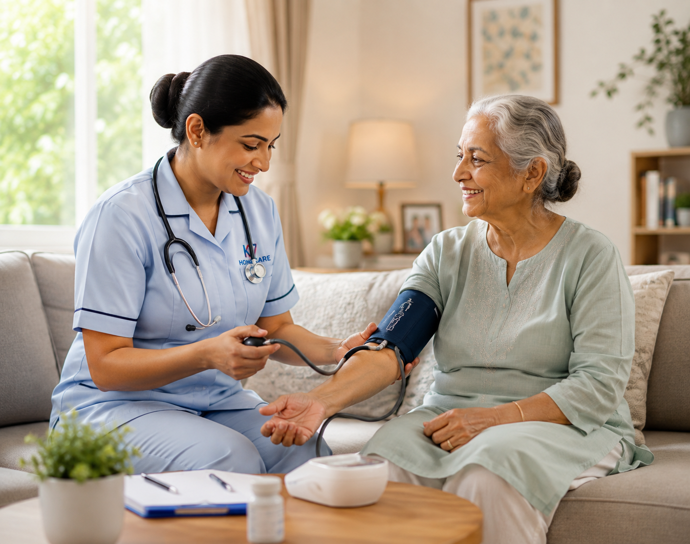 A K7 Homecare nurse checking a patient's vitals as part of ongoing chronic condition management at home in Gurugram